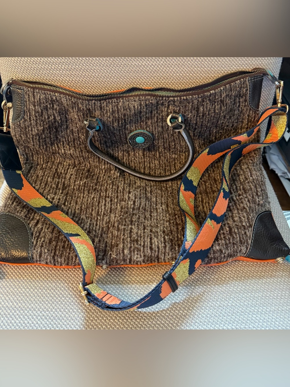 Brown Woven Tote with Colorful Orange & Navy Strap
